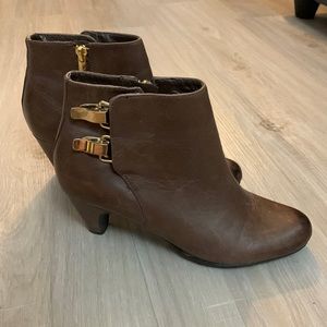 Sam Edelman Marmont Leather Gold Buckled Ankle Boots- Brown (5)
